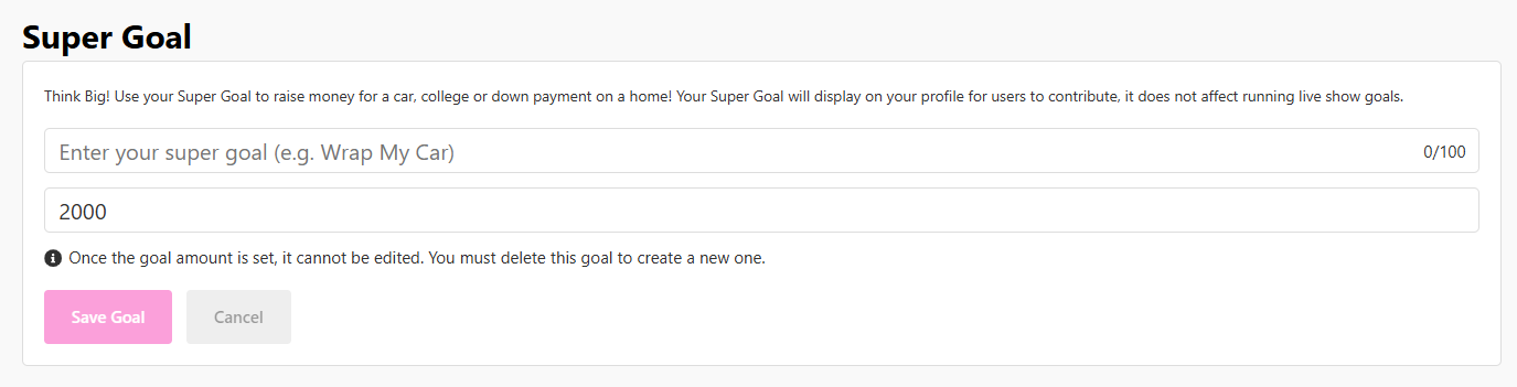 Super Goal panel in My Account Bio settings